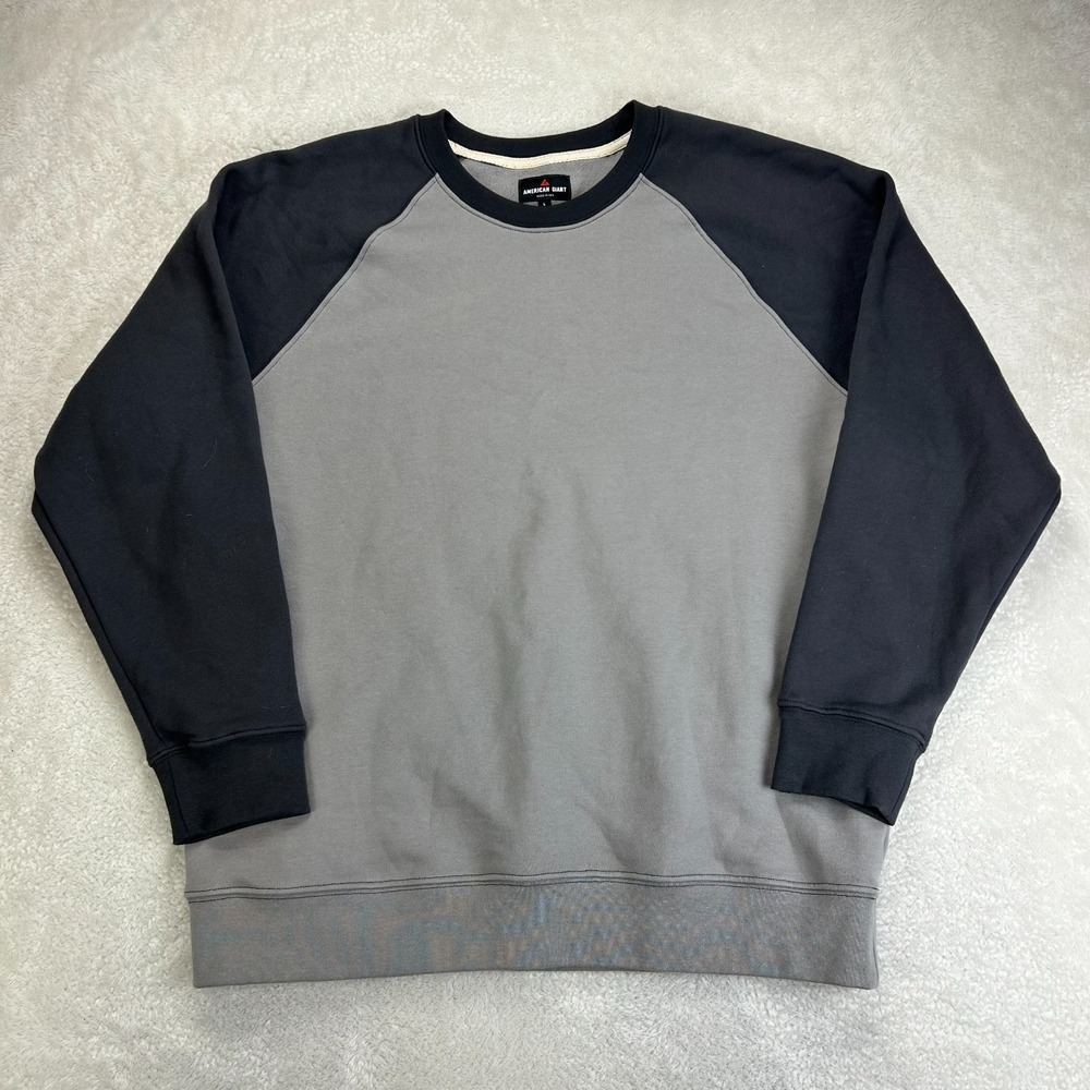 American Giant Sweatshirt Mens L Gray Black Raglan Sleeve Fleece Pullover USA